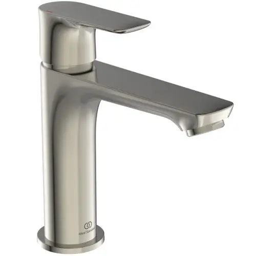 Ein silberner Wasserhahn von Ideal Standard mit einem flachen Hebel und schmalem Auslauf, geeignet für moderne Waschbecken.